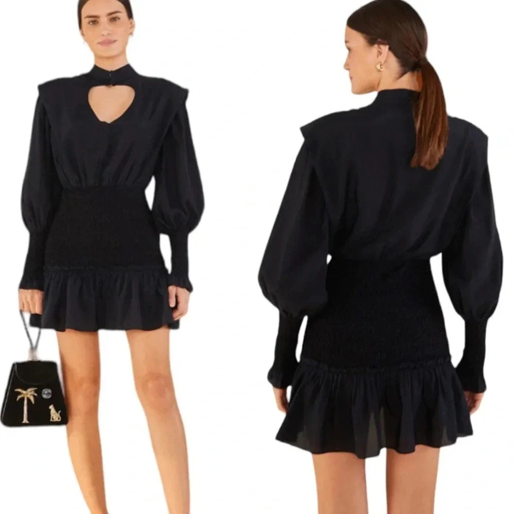 Farm Rio Black Heart Neckline Smocked Detail Mini Dress Size S NWT - Picture 3 of 14